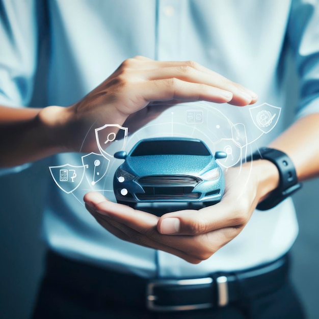 Car insurance Male hands holding blue car as protection concept ai generative