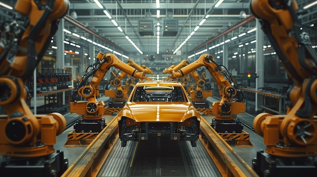 A car is being built in a factory with many robots working on it