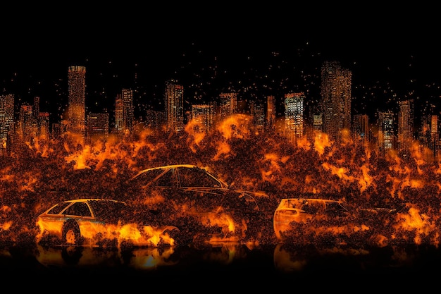 Photo a car is burning in front of a cityscape