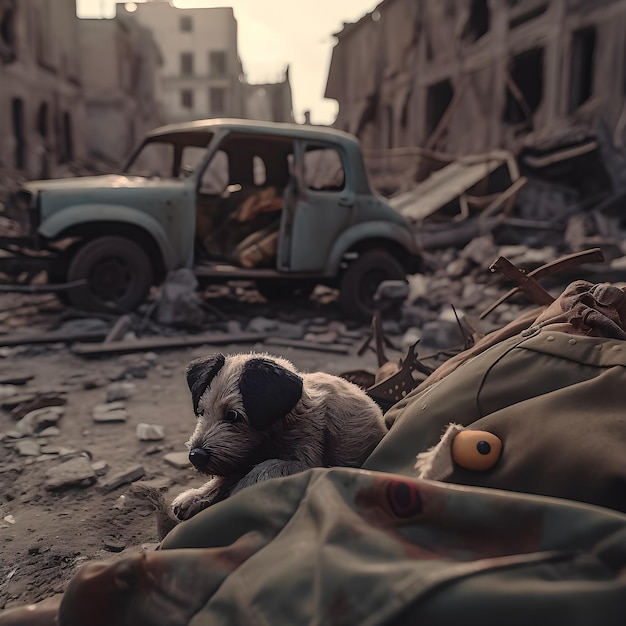 A car is in a destroyed building with a dog on it.