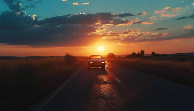 A car is driving against the backdrop of the countryside with the sunset