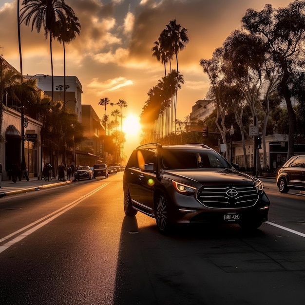 The car is driving on boulevard at sunset generative AI