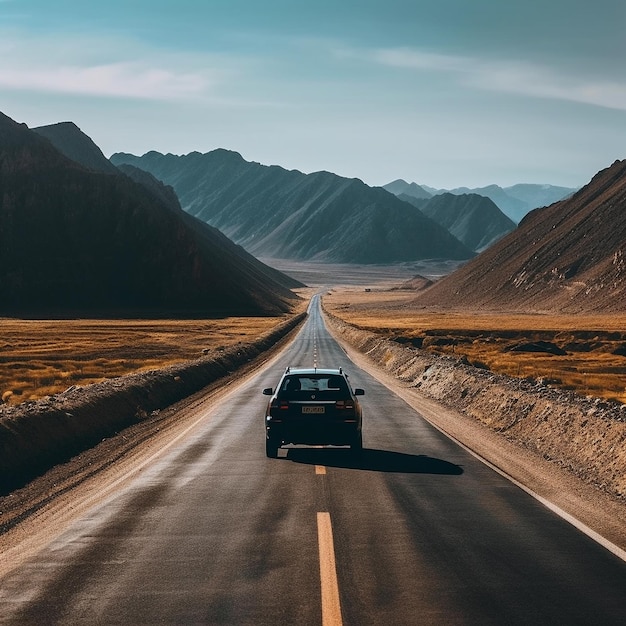 a car is driving down a long empty road