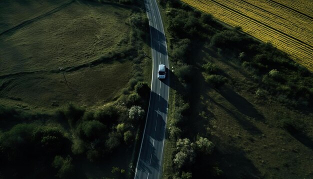 Photo a car is driving down the road on a rural in the style of dark orange and green