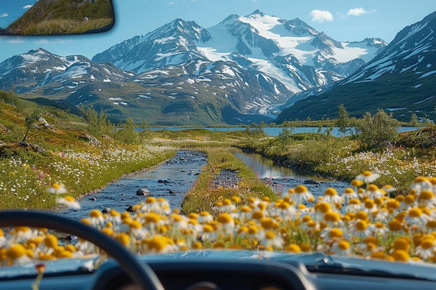 a car is driving down a road with flowers and mountains in the background