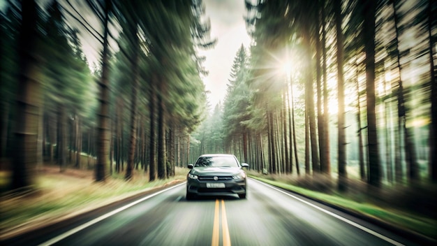 a car is driving down a road with a forest of trees in the background