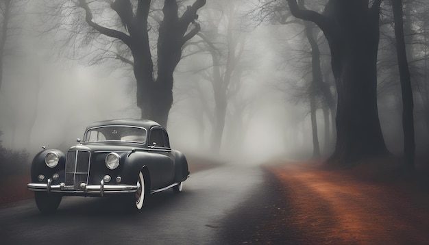 a car is driving down a road with a tree in the background