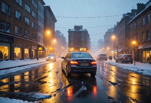 a car is driving down a snowy street with a license plate that says quot go to the right quot