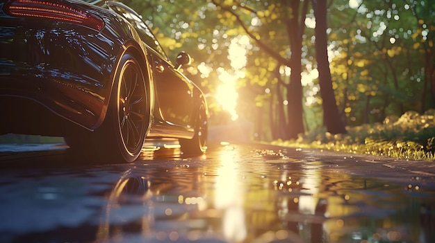 Photo a car is driving down a wet road with the sun shining on the back