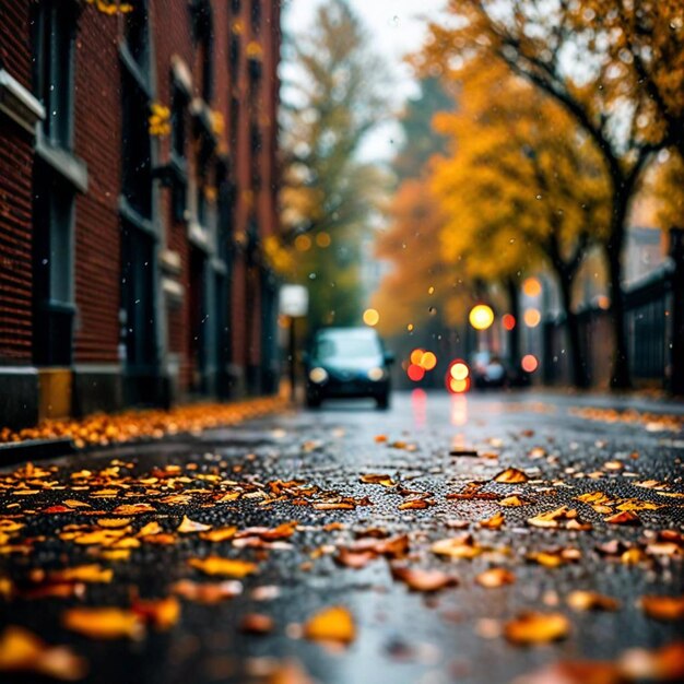 Photo a car is driving down a wet street with fallen leaves