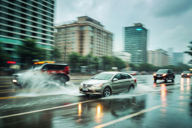 A car is driving down a wet street with other cars behind it