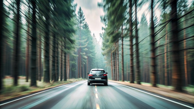 a car is driving through a forest with pine trees