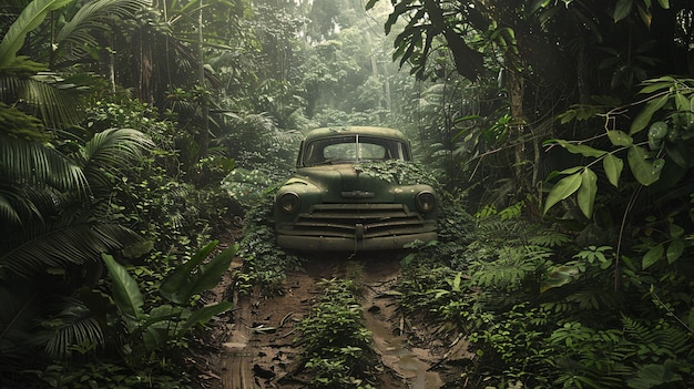 a car is driving through the jungle with a forest in the background