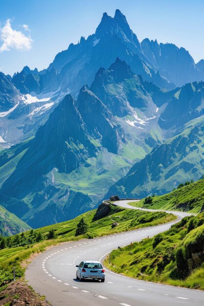 A car is driving on a winding mountain road through a beautiful natural landscape