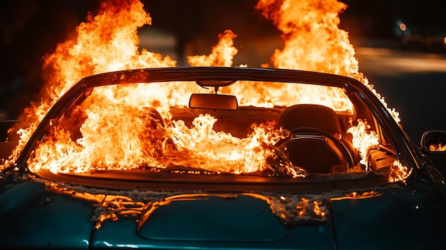 A car is engulfed by flames on the side of the road