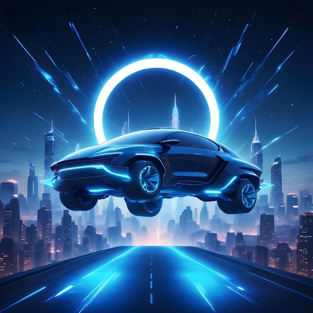 a car is flying over a city with a moon in the background