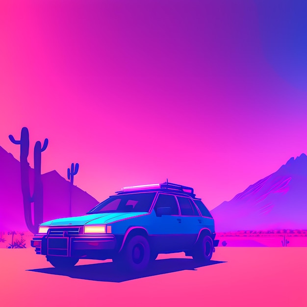 A car is parked in the desert with a cactus and a sunset in the background with a pink sky AI