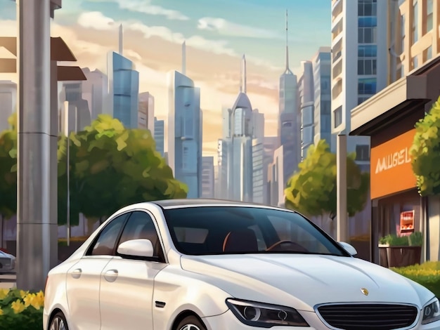 a car is parked in front of a cityscape