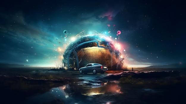 A car is parked in front of a giant planet.