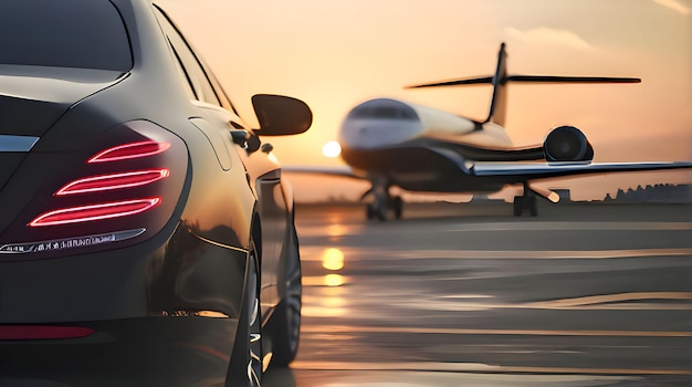 Photo a car is parked next to a plane with the tail lights on