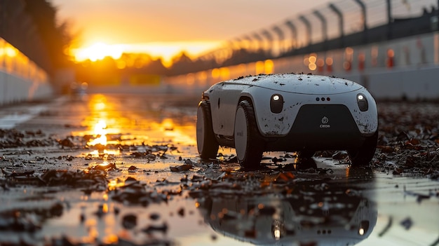 a car is parked in a puddle of water with the sun setting behind it