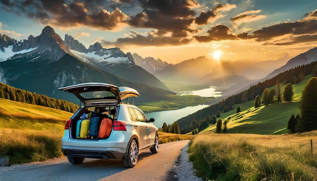 A car is parked on a road with a mountain range in the background