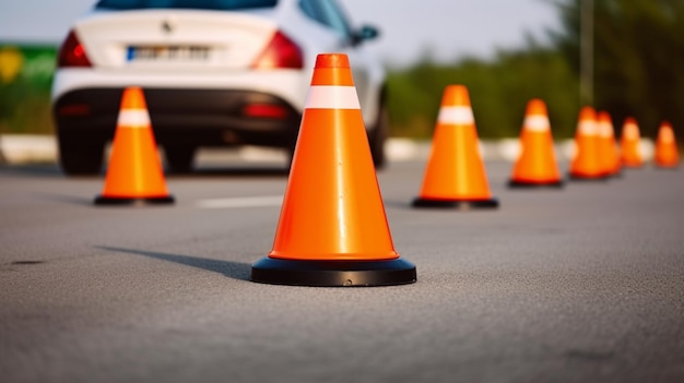 A car is parked on the road with orange cones on the ground.