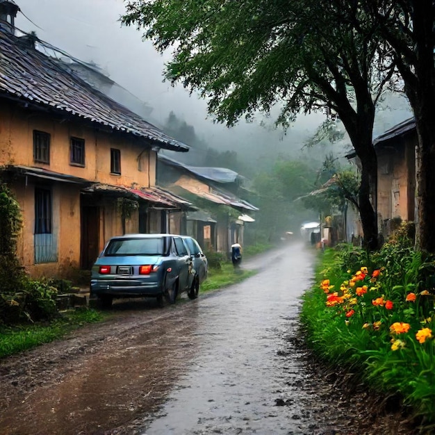 a car is parked on the side of a road with yellow flowers