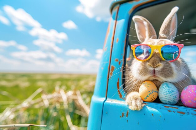 Photo a car is parked in a spring field in the countryside cute easter bunny with sunglasses looking out o