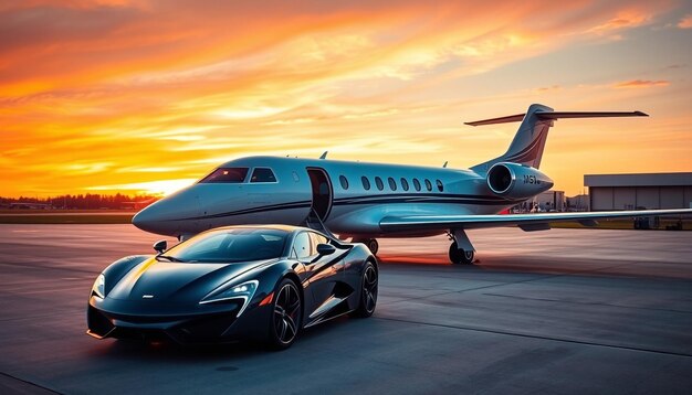 the car is parked on the tarmac with a sunset background