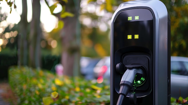 a car is plugged into a charging station