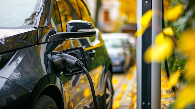 a car is plugged into a charging station