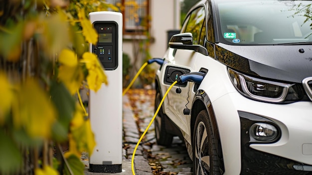 a car is plugged into a charging station