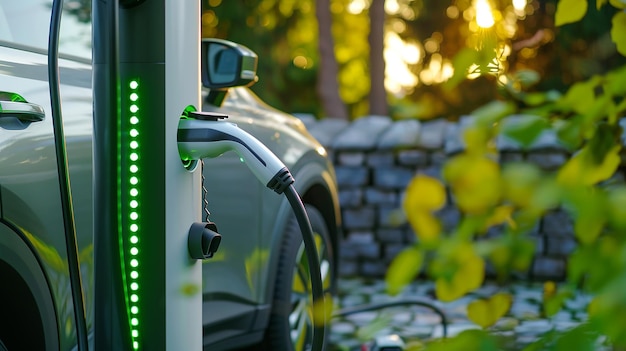 a car is plugged into a charging station