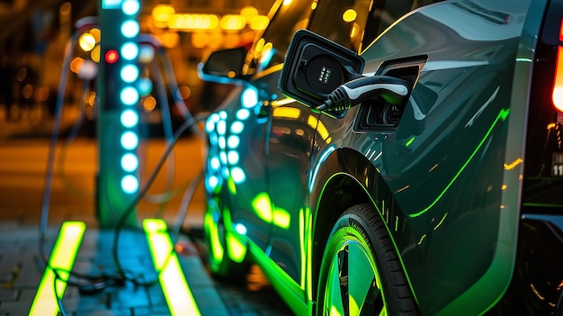 a car is plugged into a charging station