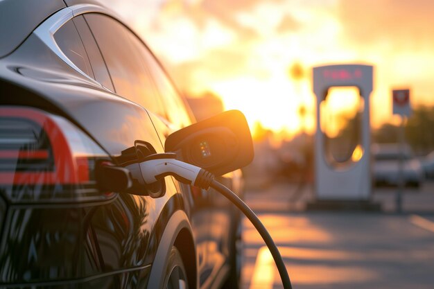 a car is plugged into a charging station