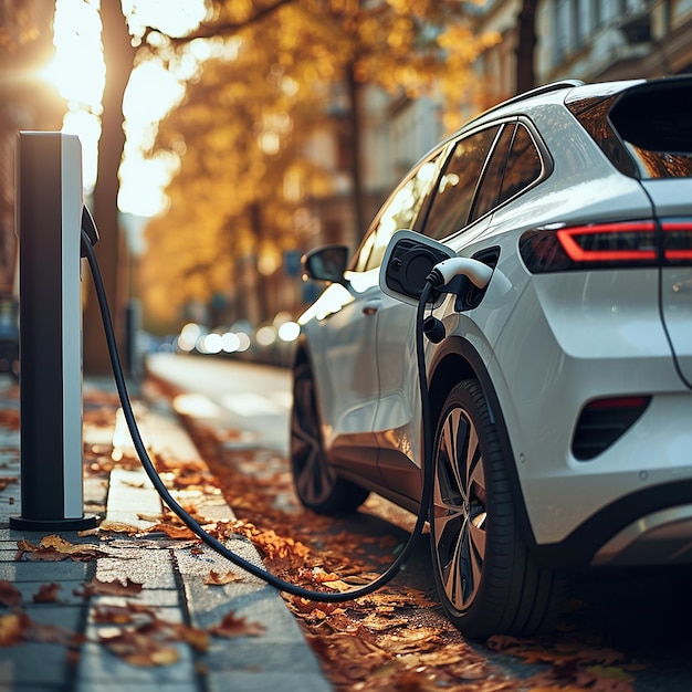 a car is plugged into a charging station