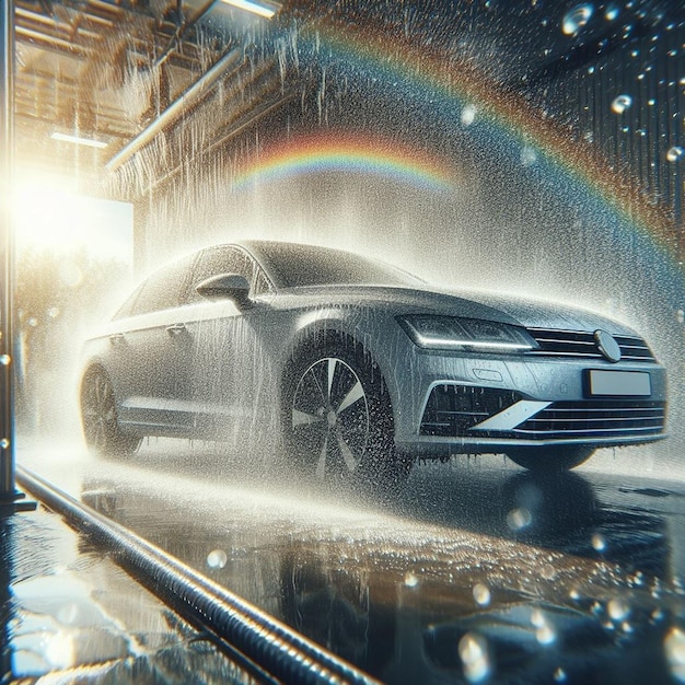 a car is in the rain with a rainbow in the background