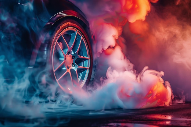 Photo a car is smoking and the smoke is coming out of the wheel