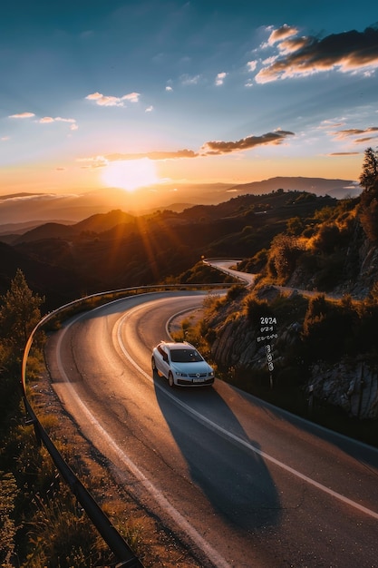 A car is traveling on a road that winds through mountainous terrain