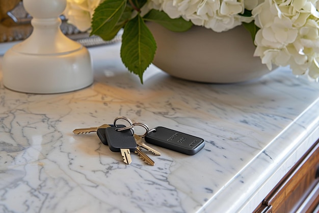 Photo a car keys and a cell phone on a table