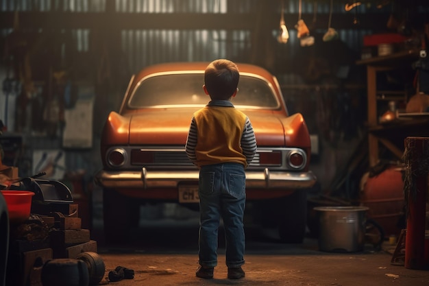 Car mechanic boy with car garage Generate Ai