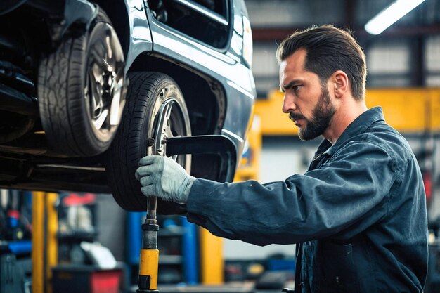 Photo car mechanic changing wheels in car