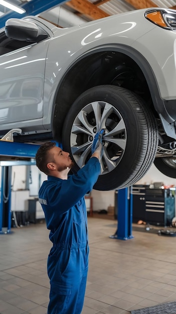 Car mechanic inspecting car wheel and suspension detl of lifted automobile repr service station