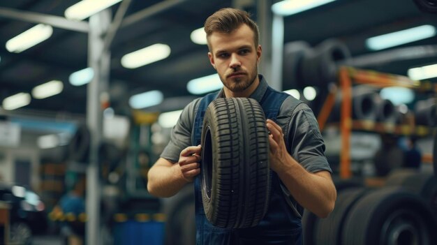 Photo car mechanic is holding up a tire in his hands at the shop