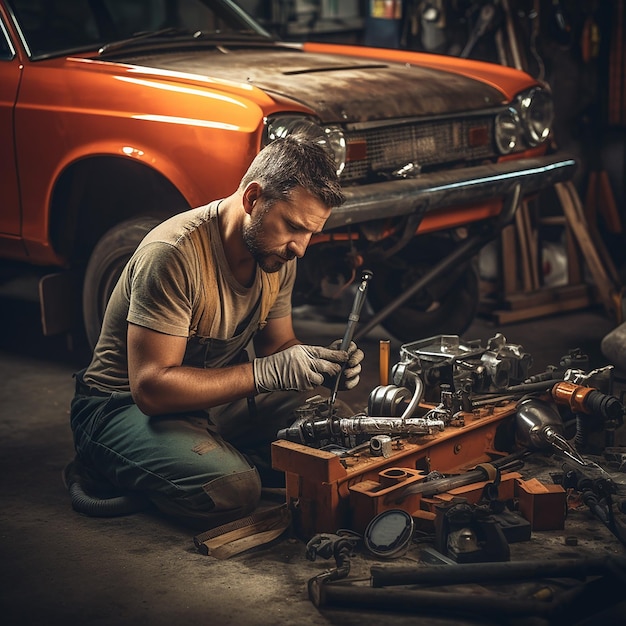 Photo car mechanic man repairing car at automotive workshop