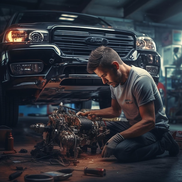 Car mechanic man repairing car at automotive workshop