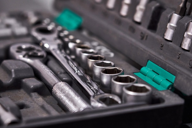 car mechanic tool set in auto repair shop