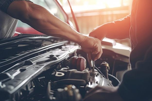 Car mechanic wearing gloves using wrench while working on car Car auto services and maintenance check concept