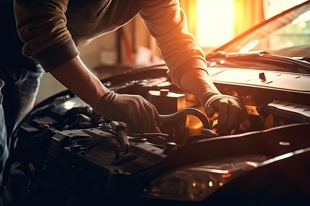 Car mechanic wearing gloves using wrench while working on car Car auto services and maintenance check concept